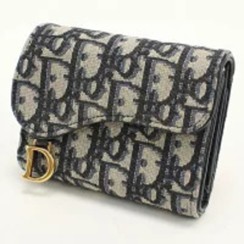 Dior Saddle Christian Navy Wallet fold Tri Leather Blue